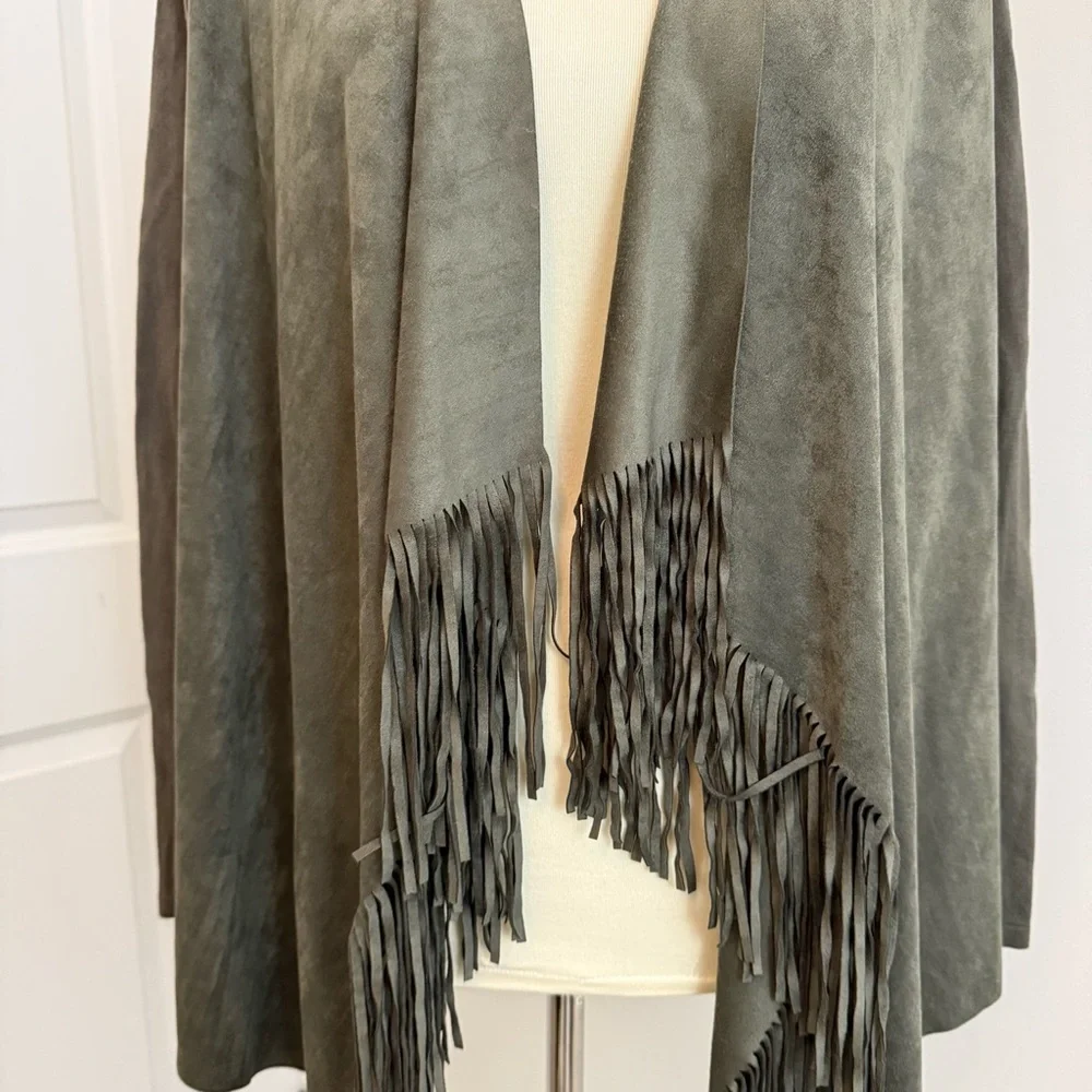 INC Olive Green Fringe Front‎ Knit Long Sleeve Cardigan Sweater Size S Western